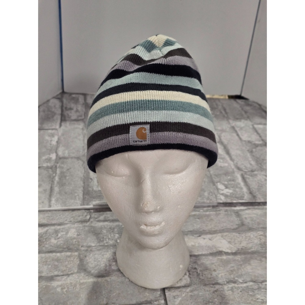 Carhartt Beanie Hat Youth One Size Fits All Blue Striped Fleece Lined Acrylic